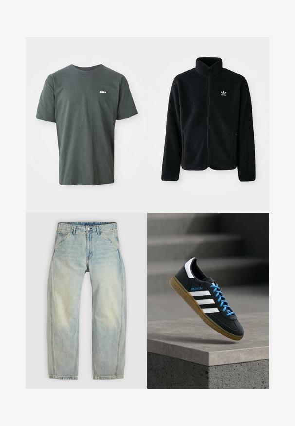 Sort fleecejakke med høj krave, lynlås foran og frontlommer. Har tekstureret stof og lille hvidt logo på venstre bryst.; Mørkegrøn bomulds t-shirt med korte ærmer, rund hals, der har et lille hvidt "OBEY" logo på venstre brystområde.; Lys blå jeans med vide ben lavet af denim. Har fem lommer, en knaplukning og falmede områder for et brugt udseende.; Sort Adidas sneaker med hvide striber, blå snørebånd og gummisål, der svæver over gråt betontrin i blødt lys.