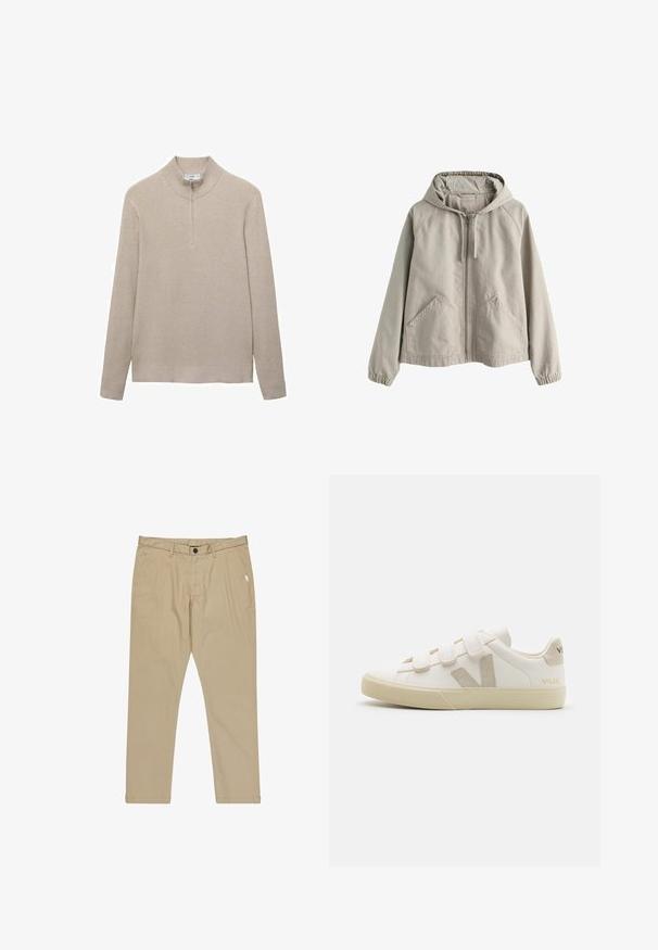 Hellbeige Kapuzenjacke mit Reißverschluss, Fronttaschen und elastischen Bündchen, gefertigt aus einem weichen, lässigen Stoff.; Beige gerippter Pullover mit hohem Kragen und halbem Reißverschluss. Lange Ärmel und ein figurbetonter Saum ergänzen das strukturierte Aussehen.; Beige Baumwollhosen mit flacher Vorderseite, Seitentaschen und Knopfverschluss. Merkmale sind Ziernähte und ein gerades Bein-Design.; Weiße Leder-Sneaker mit Klettverschlüssen, beigen Akzenten, runder Zehenform, strukturiertem Gummisohle und eingeprägtem Logo. Minimalistisches Design.