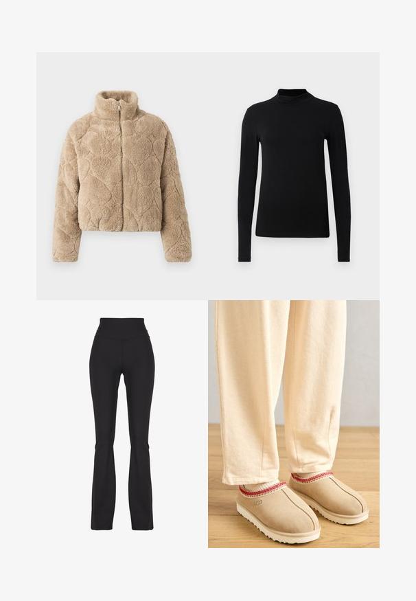 Beige zip-up fleecejakke med høj krave og strukturerede hjerteformede quiltede mønstre på ærmerne og kroppen.; Sort langærmet turtleneck skjorte lavet af glat stof; tætsiddende design med høj krave og ingen synlige sømme. Enkel, ensfarvet.; Sorte flared leggings lavet af strækbart stof, med en høj talje og glat tekstur, designet til komfort og bevægelighed.; Fødder iført beige hjemmesko med rød kant og cremefarvede bukser står på et trægulv.