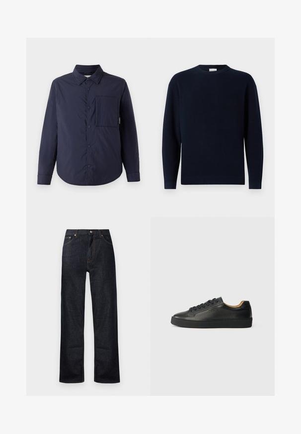 CLOSED QUILTED OVERSHIRT - Overgangsjakke - dark night; Mørkeblå ribstrikket sweater med rund hals, lange ærmer og en afslappet pasform. Blød tekstur, minimalistisk design og ingen synlige mønstre.; Mørkeblå denim jeans med lige ben-design, fem lommer og orange stikninger. Metalknap og lynlåslukning.; Sorte lavtop lædersneakers med tekstureret overflade, sorte snørebånd og tyk gummisål, vist fra siden på en lys baggrund.