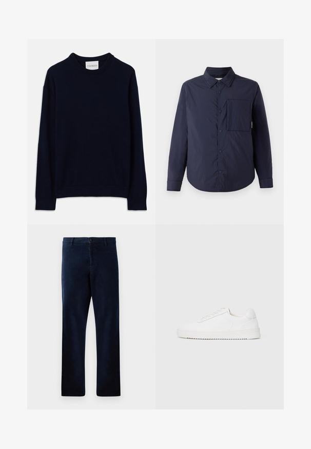 CLOSED QUILTED OVERSHIRT - Übergangsjacke - dark night; Marineblaues Langarm-Crewneck-Sweatshirt mit gerippten Bündchen und Saum, versehen mit einem kleinen weißen Etikett mit "CLOSED" am Kragen.; Marineblaue Hose aus einem weichen, strukturierten Stoff, mit einem Knopfverschluss und geradem Schnitt, versehen mit dezenten Nähdetails.; Weißer Sneaker mit einem Obermaterial aus glattem Leder, abgerundetem Zehenbereich, Schnürsenkeln, strukturierten seitlichen Akzenten und einer dicken Gummisohle. Minimalistisches Design.