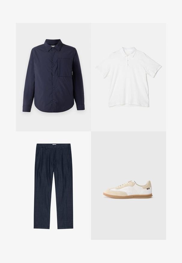 CLOSED QUILTED OVERSHIRT - Jas - dark night; rag & bone CLASSIC FLAME - Poloshirt - white; Donkerblauwe, recht gesneden broek met steekzakken aan de voorkant, lussen voor een riem en knoopsluiting in de taille.; Witte sneaker met lichtbeige suède accenten, geperforeerde details, platte veters en een zool van gumrubber. Voorzien van gestreepte branding op de hiel.
