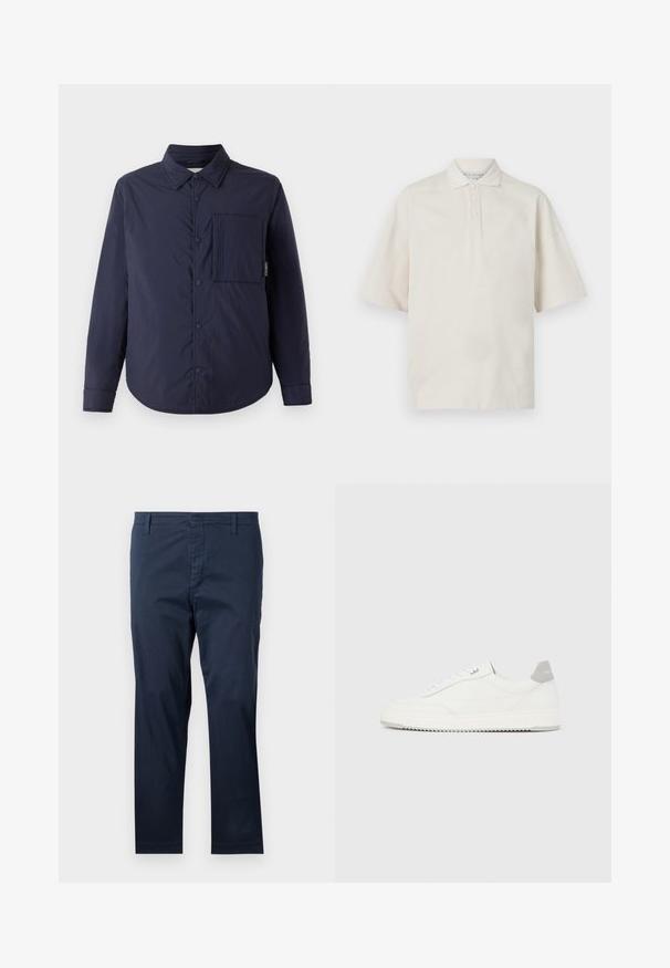 CLOSED QUILTED OVERSHIRT - Chaqueta de entretiempo - dark night; Camisa polo beige de manga corta, con cuello, tres botones frontales y una textura suave. Presenta un ajuste relajado y holgado.; Pantalones de algodón azul marino con corte recto, que cuentan con presillas para cinturón y cremallera, textura suave y terminaciones limpias en los dobladillos.; Zapatilla blanca de corte bajo con pestaña en el talón gris, cordones blancos y suela texturizada, presentada sobre un fondo claro y liso.