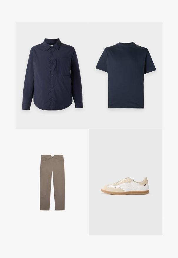 CLOSED QUILTED OVERSHIRT - Overgangsjakke - dark night; Marineblå t-shirt med korte ærmer og rund hals, ensfarvet design med diskret lille logo på venstre bryst, vist på hvid baggrund.; Brune bukser med lige snit, der har forlommer og accentuerende syninger langs siderne for ekstra detaljer og tekstur.; Hvid sneaker med lysebeige ruskindsdetaljer, perforeret detaljering, flade snørebånd og sål i gummigummi. Indeholder stribet branding på hælen.