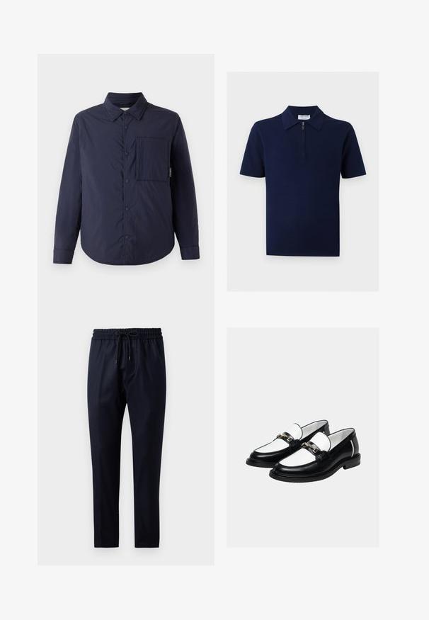 CLOSED QUILTED OVERSHIRT - Veste mi-saison - dark night; Chemise bleu marine à manches courtes avec col et fermeture éclair devant, design uni, présentée sur un fond neutre.; Pantalon bleu marine en tissu doux, avec une taille élastique et un cordon de serrage, coupe droite et sans motifs ni accents visibles.; Paire de mocassins en cuir noir et blanc avec un détail de chaîne dorée sur le dessus, sur un fond clair uni.