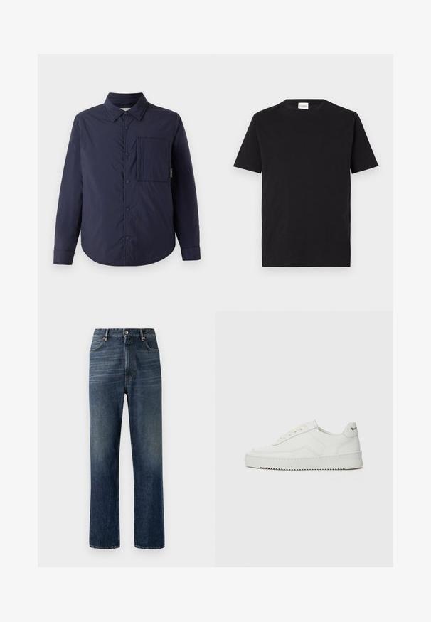 CLOSED QUILTED OVERSHIRT - Veste mi-saison - dark night; T-shirt en coton noir avec un col rond et des manches courtes. Présente une coupe droite et un design minimal, avec une étiquette visible au niveau du col.; Jeans en denim bleu foncé avec une coupe droite, couture visible, design à cinq poches et fermeture à bouton argenté à la taille.; Baskets en cuir blanc avec une finition lisse, bout arrondi, lacets plats et semelle texturée. Présente un logo discret sur le talon.