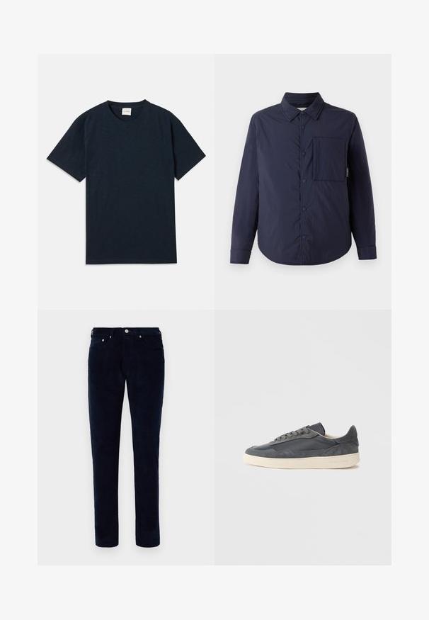 CLOSED QUILTED OVERSHIRT - Übergangsjacke - dark night; Ein einfarbiges, dunkelblaues Kurzarm-T-Shirt mit Rundhalsausschnitt und kleinem eingeprägtem Logo nahe dem unteren Saum.; Herren Slim-Fit dunkelblaue Cordhosen mit Front- und Gesäßtaschen, Gürtelschlaufen und Knopfverschluss.; Dunkelgraue Sneakers aus Leder und Wildleder mit niedrigem Schnitt, ausgestattet mit einer cremefarbenen Gummisohle und flachen Schnürsenkeln.