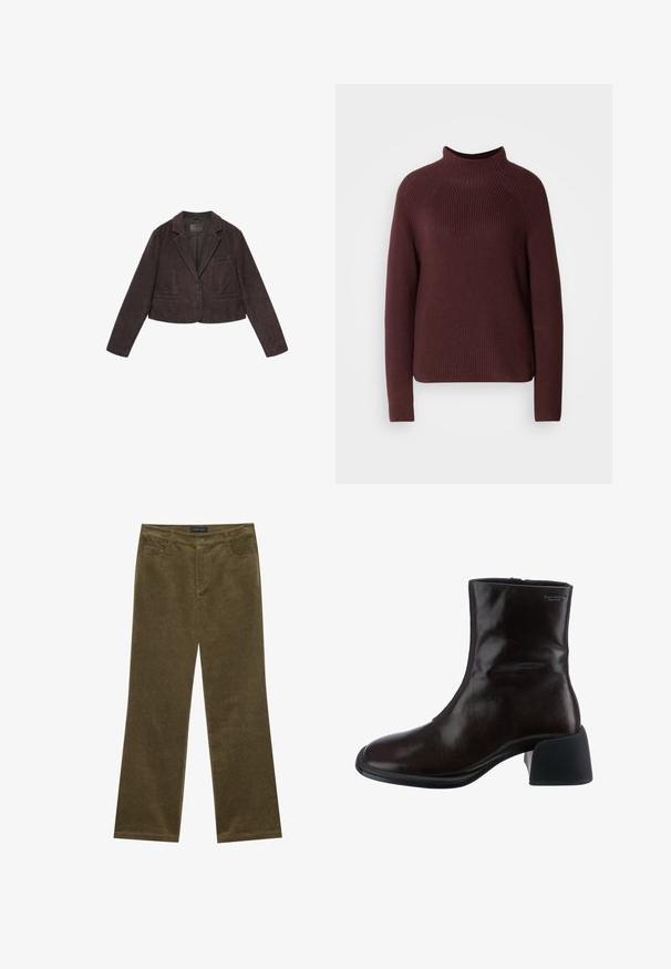 Mørkebrun ruskind cropped blazer med to frontknapper, notch revers krave og tre forlommer, vist på hvid baggrund.; Bordeaux sweater med høj hals, ribbet tekstur og lange ærmer. Har en let boxy form og en kant, der falder ved hoften.; Olivengrønne fløjl bukser med flared ben, fem lommer, synlig syning og knaplukning i taljen for en sikker pasform.; Vagabond ANSIE - Støvletter - braun
