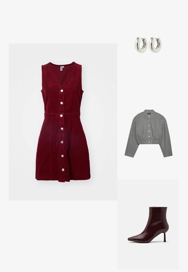 Veste grise courte avec un col rond, un devant à boutons-pression et une taille élastiquée. Elle présente deux poches latérales et un tissu texturé.; ONLY ONLMOXIE DRESS - Robe de jour - cabernet; Bottine en cuir verni bourgogne avec un bout pointu et un talon aiguille Slim, présentant une texture lisse et brillante et un design minimaliste.; Boucles d'oreilles en argent avec un design lisse et arrondi et une finition brillante. Dotées d'une fermeture à charnière simple pour un enfilage facile.