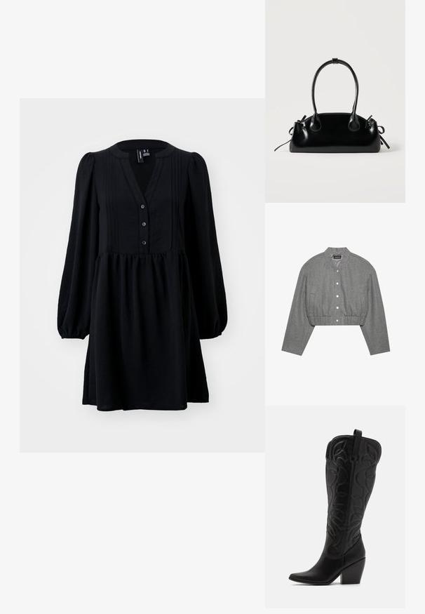 Gekürzte graue Jacke mit rundem Kragen, Druckknopfverschluss und elastischem Bund. Verfügt über zwei Seitentaschen und einen strukturierten Stoff.; Schwarzes Kleid mit langen Puffärmeln, V-Ausschnitt, Knopfleiste, gefälteltem Oberteil und einem gerafften Rock. Aus leichtem Stoff gefertigt.; Schwarze kniehohe Stiefel aus Leder mit spitz zulaufender Zehenpartie und gestapeltem Absatz. Verfügt über dekorative Nähte und geschwungene Designelemente.; Kleine schwarze glänzende Handtasche mit zwei langen Griffen und seitlichen Kordelzug-Details vor einfachem hellem Hintergrund.