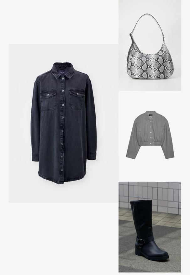 Gekürzte graue Jacke mit rundem Kragen, Druckknopfverschluss und elastischem Bund. Verfügt über zwei Seitentaschen und einen strukturierten Stoff.; Dunkelblaustes Denim-Hemd mit Kragen, langen Ärmeln, vorderem Knopfverschluss und zwei Brusttaschen. Hat eine leicht lockere Passform und einen abgerundeten Saum.; Schwarzer Lederstiefel bis zur Mitte der Wade mit niedrigem Blockabsatz und dekorativem Riemen mit Metallschnalle um den Knöchel, auf einem gefliesten Gehweg.; Schultertasche im schwarz-weißen Schlangenprint mit runder Form, glatter Textur und gebogenem Tragegurt. Mit einem silbernen Hardware-Akzent.