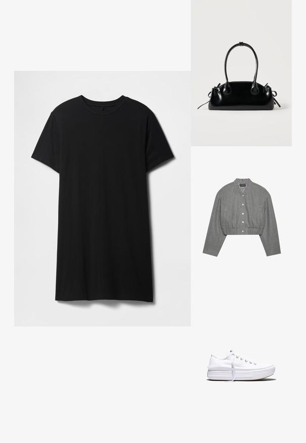 Beskaaret grå jakke med rund krave, trykknaplukning foran og elastisk talje. Har to sidelommer og et tekstureret stof.; Sort kortærmet t-shirt lavet af bomuld, med klassisk rund halsudskæring og en lige kant, med en glat, mat tekstur.; Hvid lavt snørestøvle med tyk plateau-sål, snørelukning foran og gummiforstærket tåkap, set i sideprofil.; Lille sort blank håndtaske med to lange håndtag og snøre-detaljer i siden på en ensfarvet lys baggrund.