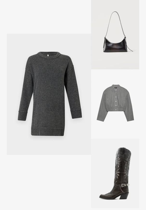 Veste grise courte avec un col rond, un devant à boutons-pression et une taille élastiquée. Elle présente deux poches latérales et un tissu texturé.; Pull en laine à manches longues gris foncé, avec des poignets et un ourlet côtelés, un col rond et une coupe décontractée.; Botte de cowboy en cuir noir avec découpes décoratives, boucle argentée et talon incliné, présentée sur fond blanc.; Sac à bandoulière noir à texture crocodile, fermeture éclair et longue lanière fine, présenté sur fond blanc.
