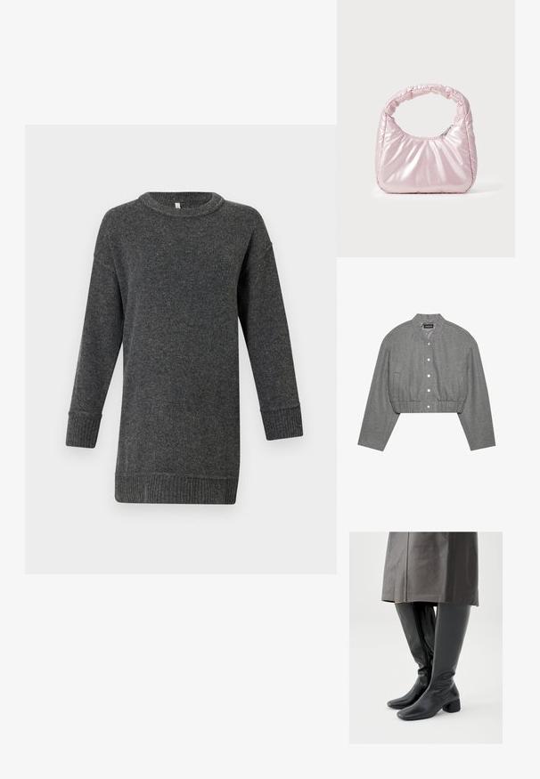 Veste grise courte avec un col rond, un devant à boutons-pression et une taille élastiquée. Elle présente deux poches latérales et un tissu texturé.; Pull en laine à manches longues gris foncé, avec des poignets et un ourlet côtelés, un col rond et une coupe décontractée.; Bottes en cuir noir montant jusqu'au genou avec un bout carré, un talon bloc incliné et une fermeture éclair latérale ; texture lisse et design ajusté.; Sac à main rose rembourré avec un design arrondi, fabriqué à partir d'un matériau brillant. Dispose d'une poignée froncée et d'une fermeture éclair pour un accès sécurisé.
