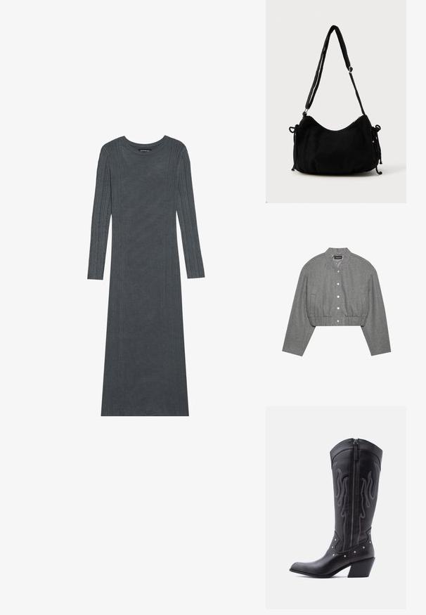 Chaqueta gris recortada con cuello redondo, cierre de botones a presión en el frente y cintura elástica. Cuenta con dos bolsillos laterales y una tela texturizada.; Vestido de manga larga de color gris oscuro hecho de un suave material de punto. Presenta rayas verticales texturizadas a lo largo de las mangas y el cuerpo. Cuello redondo.; Botas vaqueras de cuero negro con puntera puntiaguda, costuras visibles, detalles de tachuelas plateadas y cierre de cremallera en el lado interior.; Bolso de hombro de pana negra con forma curva, correa ajustable y cierres de cordón en ambos lados para ajustar el tamaño.