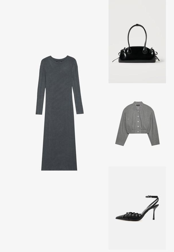 Veste grise courte avec un col rond, un devant à boutons-pression et une taille élastiquée. Elle présente deux poches latérales et un tissu texturé.; Robe à manches longues, gris foncé, en matériau tricoté doux. Présente des rayures verticales texturées le long des manches et du corps. Encolure ronde.; Chaussure à talon haut noire à bout pointu, bords festonnés, œillets métalliques, lacets à l'avant et bride de cheville avec fermeture à boucle.; Petit sac à main noir brillant avec deux longues anses et des détails à cordon sur les côtés sur un fond clair uni.