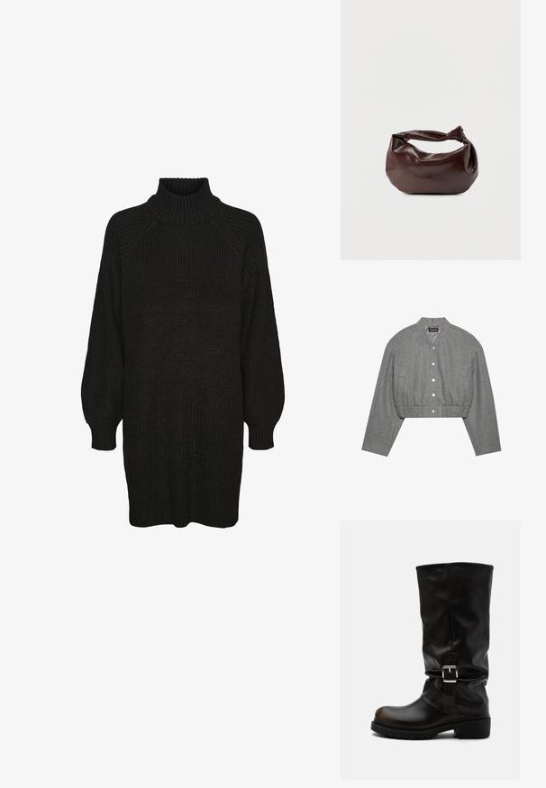 Gekürzte graue Jacke mit rundem Kragen, Druckknopfverschluss und elastischem Bund. Verfügt über zwei Seitentaschen und einen strukturierten Stoff.; Schwarzes Strickkleid mit hochgeripptem Kragen, Raglanärmeln und strukturiertem Stoff. Lockere Passform mit umgeschlagenen Ärmeln und geradem Saum.; Hoher schwarzer Lederstiefel mit abgerundeter Spitze, niedrigem Absatz, seitlichem Schnallenriemen und leicht geschliffenem Schaft auf weißem Hintergrund.; Dunkelbraune Lederschultertasche mit weicher, lockerer Form und einem gedrehten Knotengriff vor schlichtem weißem Hintergrund.