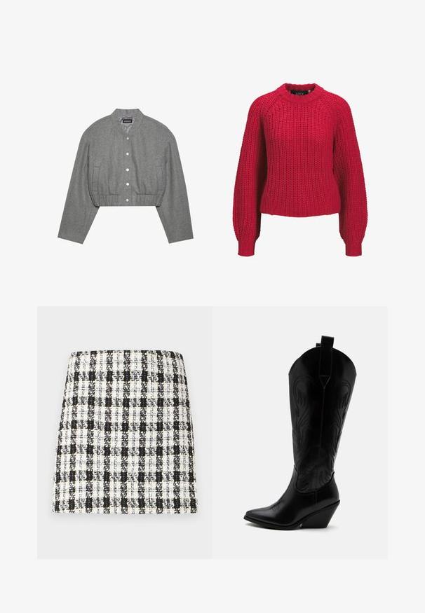 Veste grise courte avec un col rond, un devant à boutons-pression et une taille élastiquée. Elle présente deux poches latérales et un tissu texturé.; Pull rouge en maille épaisse avec manches ballon longues et col rond côtelé ainsi que poignets côtelés, présenté de face sur un fond blanc.; Jupe à carreaux noir et blanc en tissu texturé, dotée d'un design structuré avec une coupe droite et des détails minimalistes.; Botte de cowboy en cuir noir avec bout pointu, talon bloc incliné, couture décorative et languettes en haut sur fond blanc.