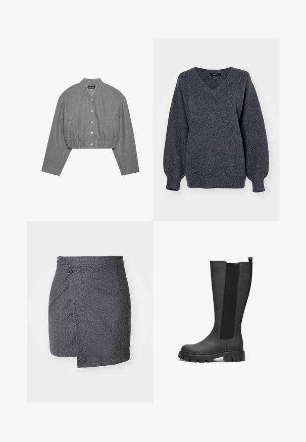 Chaqueta gris recortada con cuello redondo, cierre de botones a presión en el frente y cintura elástica. Cuenta con dos bolsillos laterales y una tela texturizada.; Suéter gris de cuello en v hecho de un suave material de punto texturizado. Presenta mangas largas ligeramente abullonadas y un corte relajado.; Falda envolvente en espiga gris hecha de tejido de lana texturizado, con un cierre de un solo botón en la cintura y un dobladillo asimétrico.; Botas de caucho negras hasta la rodilla con una superficie lisa, paneles laterales elásticos y suelas gruesas y resistentes para mayor agarre y estabilidad.