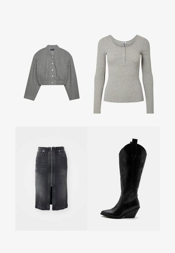 Chaqueta gris recortada con cuello redondo, cierre de botones a presión en el frente y cintura elástica. Cuenta con dos bolsillos laterales y una tela texturizada.; Top de manga larga en gris claro con textura acanalada, escote redondo y tapeta con cuatro botones, silueta ajustada y tejido de punto suave.; Falda de mezclilla negra con cremallera frontal, dos bolsillos laterales, diseño de longitud media y un ligero desgaste. Presenta un corte recto y bordes dobladillos.; Bota de vaquero de cuero negro con punta puntiaguda, tacón bloqueado inclinado, costuras decorativas y lengüetas en la parte superior sobre fondo blanco.