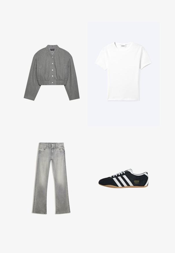 Gekropt grijze jasje met een ronde kraag, drukknopen aan de voorkant en een elastische taille. Beschikt over twee zijzakken en een gestructureerde stof.; Effen wit T-shirt met korte mouwen en ronde hals met een klein "WEEKDAY" label aan de binnenkant van de hals, plat neergelegd op een lichte achtergrond.; Grijze denim flared jeans met een vervaagde afwerking, voorzien van een knoopsluiting, vijf zakken en gestikte details langs de tailleband en zoom.; Zwarte suède sneaker met witte drie strepen, gouden logo en een bruine rubberen zool. Heeft een laag profiel vetersluiting ontwerp.