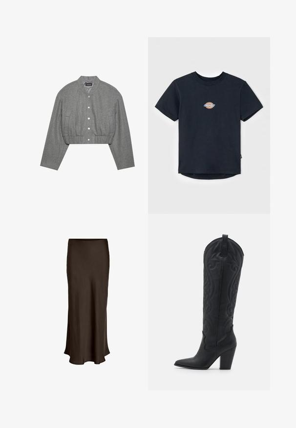 Gekürzte graue Jacke mit rundem Kragen, Druckknopfverschluss und elastischem Bund. Verfügt über zwei Seitentaschen und einen strukturierten Stoff.; Schwarzes Baumwoll-T-Shirt mit kurzen Ärmeln, Rundhalsausschnitt und einem kleinen, mehrfarbigen Logo auf der Brust. Gerader Saum mit einem leicht längeren Rücken.; VILA VIELLETTE HW MIDI SKIRT - NOOS - Maxirock - coffee bean; Zign LEATHER - Cowboy-/Bikerboot - black