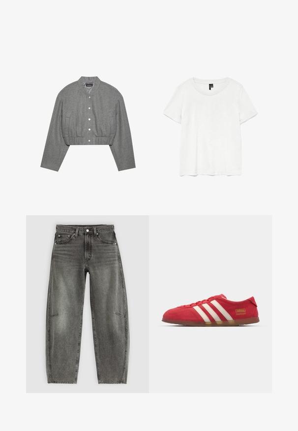 Gekürzte graue Jacke mit rundem Kragen, Druckknopfverschluss und elastischem Bund. Verfügt über zwei Seitentaschen und einen strukturierten Stoff.; Weißes T-Shirt mit kurzen Ärmeln und rundem Ausschnitt, hergestellt aus leichtem Stoff. Schlichtes Design, glatte Textur und gerader Saum.; Hochtaillierte, grau gewaschene Jeans aus Denim mit fünf Taschen, Knopfverschluss und einer lässigen, geraden Passform.; Rote Wildledersneaker mit weißem Drei-Streifen-Design, flacher Außensohle und goldenen Logodetails. Niedrig geschnittenes Design mit runder Zehenpartie und Schnürverschluss.