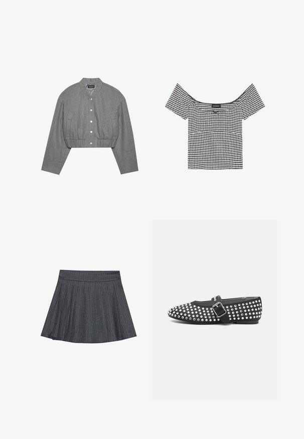 Veste grise courte avec un col rond, un devant à boutons-pression et une taille élastiquée. Elle présente deux poches latérales et un tissu texturé.; Top à carreaux noir et blanc, décolleté épaules nues, à manches courtes, présentant un design froncé et une étiquette au col.; Jupe patineuse grise à rayures générales avec une taille ajustée, en forme évasée A et texture de tissu douce. Les lignes verticales renforcent l'intérêt visuel.; Chaussure plate noire à bout arrondi, dotée d'un design studded avec des accents métalliques et d'une sangle à boucle sur le cou-de-pied.