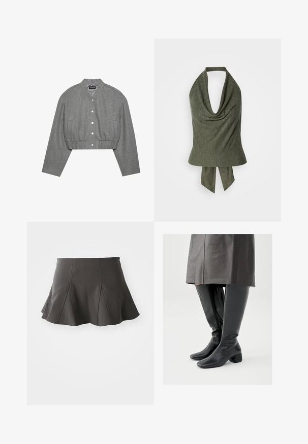 Veste grise courte avec un col rond, un devant à boutons-pression et une taille élastiquée. Elle présente deux poches latérales et un tissu texturé.; Haut dos nu vert olive avec un col drapé et un tissu léger texturé. Se noue à l'arrière pour un ajustement et un style personnalisables.; Jupe noire évasée avec une taille ajustée, présentant des coutures verticales et une texture lisse. L'ourlet est légèrement incurvé et se situe au-dessus de mi-cuisse.; Bottes en cuir noir montant jusqu'au genou avec un bout carré, un talon bloc incliné et une fermeture éclair latérale ; texture lisse et design ajusté.