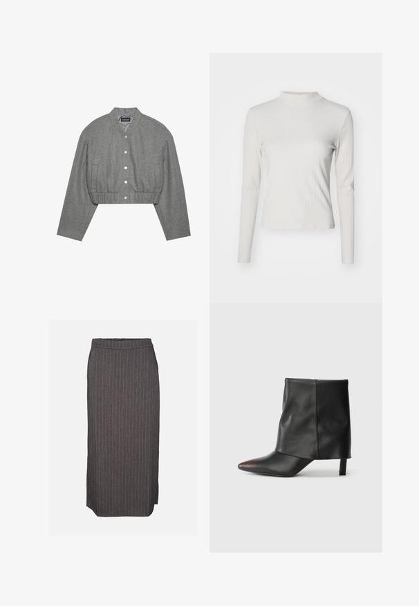 Gekürzte graue Jacke mit rundem Kragen, Druckknopfverschluss und elastischem Bund. Verfügt über zwei Seitentaschen und einen strukturierten Stoff.; Langärmliges, hellbeiges, geripptes Oberteil mit Stehkragen und glatter Textur, das eine figurbetonte Form und minimale Designakzente aufweist.; Dunkelgrauer Bleistiftrock mit dünnen weißen vertikalen Nadelstreifen und kleinem seitlichem Schlitz auf einfarbigem Hintergrund.; Schwarzer Knöchelstiefel aus glattem Leder mit spitzer Zehenpartie und schmalem Absatz. Das Obermaterial zeichnet sich durch ein leicht gerafftes Design aus.