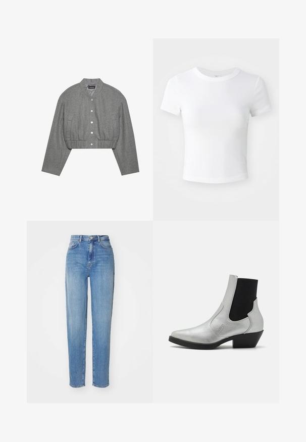 Veste grise courte avec un col rond, un devant à boutons-pression et une taille élastiquée. Elle présente deux poches latérales et un tissu texturé.; T-shirt courte à manches courtes, blanche, avec un col rond, présentée sur un fond neutre et lumineux.; Jean taille haute bleu clair avec une coupe droite. Fabriqué en denim, avec cinq poches et une fermeture à bouton à l'avant. Texture lisse.; ONLY SHOES by Zalando ONLBRONCO SHORT - Bottines de cowboy / motard - silver