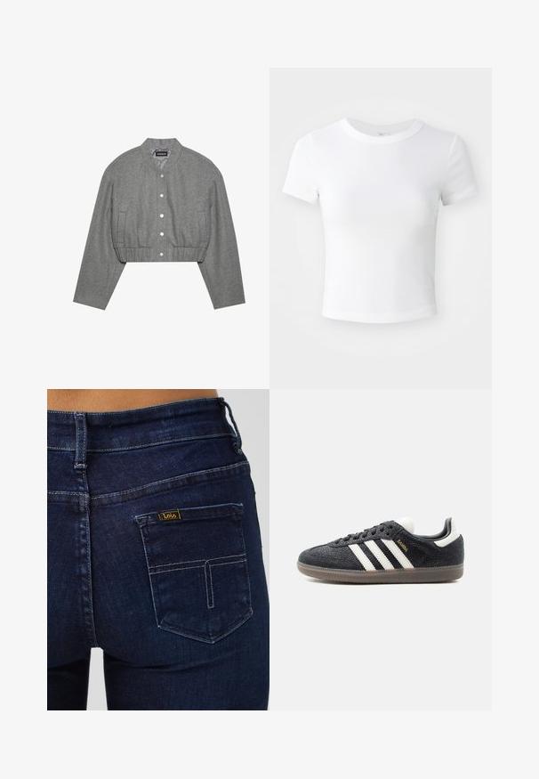 Chaqueta gris recortada con cuello redondo, cierre de botones a presión en el frente y cintura elástica. Cuenta con dos bolsillos laterales y una tela texturizada.; Camiseta corta de manga corta blanca, con cuello redondo, exhibida sobre un fondo neutral claro.; Vaqueros de mezclilla azul oscuro con un bolsillo trasero estándar. Presentan detalles cosidos y una pequeña etiqueta amarilla con la marca "Lois".; Zapatilla Adidas Samba negra con franjas blancas, suela de goma y texto dorado "Samba" en el lateral, vista de perfil izquierdo sobre fondo liso.