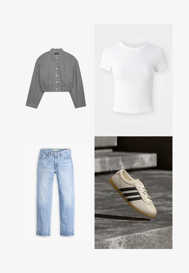 Beskaaret grå jakke med rund krave, trykknaplukning foran og elastisk talje. Har to sidelommer og et tekstureret stof.; Simpel hvid kortærmet cropped t-shirt med rund halsudskæring, præsenteret på en neutral lys baggrund.; Lyseblå denimjeans med en lige ben-design, fem lommer og en mellemhøj talje. Har en falmet struktur og håndsyet kant.; Hvid sneaker med sorte striber og gummisål svæver over betontrapper i blødt dagslys.