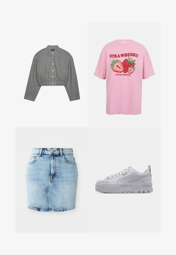 Veste grise courte avec un col rond, un devant à boutons-pression et une taille élastiquée. Elle présente deux poches latérales et un tissu texturé.; T-shirt rose avec texte rouge "STRAWBERRY" et "ACTIVE LIFESTYLE" avec des illustrations de fraises entières et tranchées.; Jupe en denim bleu clair avec une coupe ajustée, cinq poches, une fermeture par bouton et zip, et des détails cousus le long de l'ourlet.; Baskets plateformes blanches avec une tige en cuir lisse, un col rembourré, une semelle en caoutchouc grise et des accents dorés arborant le logo Puma.