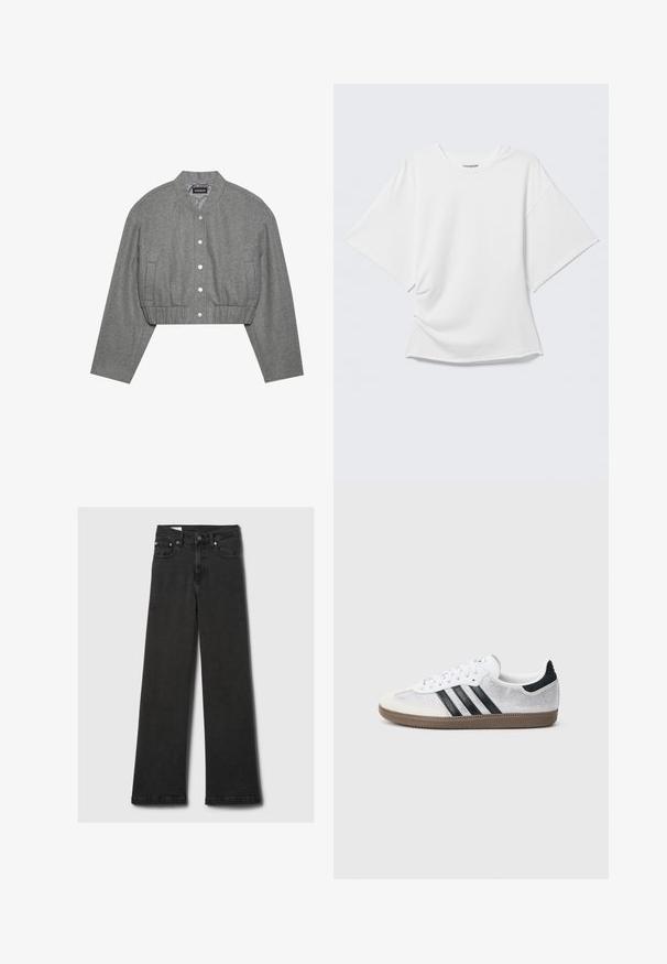 Gekropt grijze jasje met een ronde kraag, drukknopen aan de voorkant en een elastische taille. Beschikt over twee zijzakken en een gestructureerde stof.; Wit oversized T-shirt met korte mouwen en ronde hals, weergegeven op een lichtgrijze achtergrond.; Zwarte high-waisted straight-leg jeans met vijf zakken en koperen klinknagels, plat gelegd op een lichtgrijze achtergrond.; Witte mesh sneaker met zwarte strepen, beige suède neuskapje en hielaccent, gestructureerde rubberen zool en witte veters. Klassiek ontwerp met lage schacht.