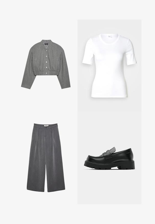 Veste grise courte avec un col rond, un devant à boutons-pression et une taille élastiquée. Elle présente deux poches latérales et un tissu texturé.; T-shirt blanc à manches courtes en coton lisse, doté d'un col rond et d'une coupe ajustée. Design classique, sans motifs ni accents.; Pantalon gris à jambes larges avec plis, confectionné dans un tissu doux. Dispose d'une fermeture à boutons et d'une taille cintrée.; Mocassins en cuir noir avec une semelle épaisse et texturée, dotés d'une sangle sur le vamp et d'une finition lisse et polie.