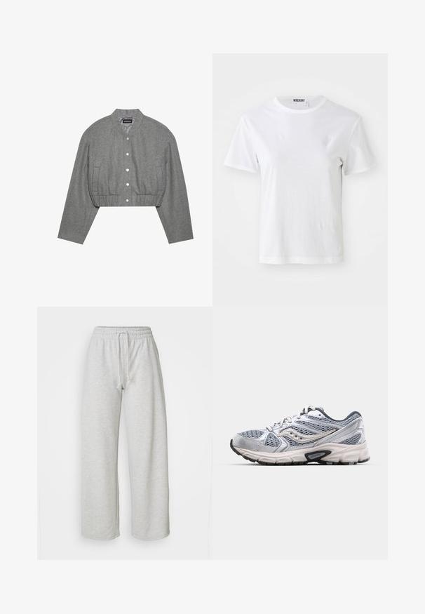 Chaqueta gris recortada con cuello redondo, cierre de botones a presión en el frente y cintura elástica. Cuenta con dos bolsillos laterales y una tela texturizada.; Camiseta blanca de manga corta hecha de una tela suave. Cuenta con un escote redondo y un corte recto, con una etiqueta en el cuello interior.; Even&Odd Petite by Zalando Pantalones deportivos - mottled light grey; Zapatilla de correr plateada con parte superior de malla, suela acolchada y detalles en gris. Presenta una punta redondeada y un diseño con cordones. Logo de la marca visible.