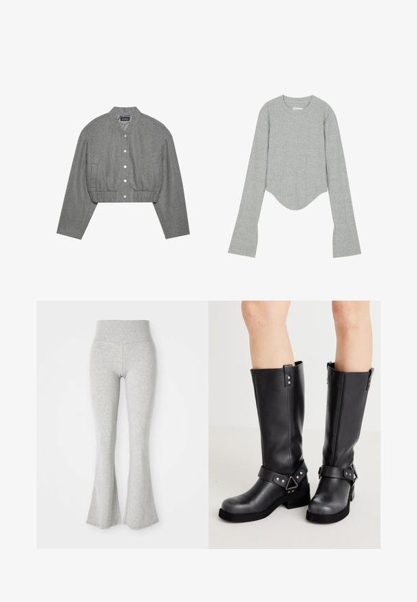 Gekürzte graue Jacke mit rundem Kragen, Druckknopfverschluss und elastischem Bund. Verfügt über zwei Seitentaschen und einen strukturierten Stoff.; Even&Odd by Zalando Langarmshirt - grey; Graue, ausgestellte Leggings aus weichem Material, mit einem elastischen Bund und einer glatten Textur, die am Saum zur Ausstülpung hin auslaufen.; Schwarze Lederstiefel bis zum Knie mit weiter Schaftweite, Riemenverzierungen, silbernen Beschlägen und flacher Sohle. Glatte Textur mit leichtem Glanz.
