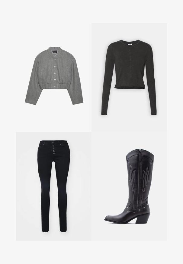 Veste grise courte avec un col rond, un devant à boutons-pression et une taille élastiquée. Elle présente deux poches latérales et un tissu texturé.; Haut court noir à manches longues avec un col rond, présentant une texture légèrement distressed et un ourlet droit. Pas de matériel visible.; Jean skinny noir taille haute, fermeture à cinq boutons et deux poches avant. Texture en denim lisse, sans motifs ni accents visibles.; Bottes de cow-boy en cuir noir avec bout pointu, coutures apparentes, ornements à clous argentés et fermeture éclair sur le côté intérieur.