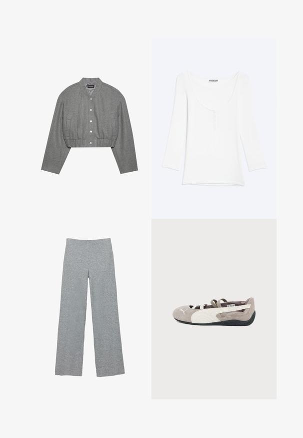 Veste grise courte avec un col rond, un devant à boutons-pression et une taille élastiquée. Elle présente deux poches latérales et un tissu texturé.; Chemise blanche à manches longues avec une encolure dégagée et une courte patte de boutonnage sur la poitrine, présentée sur un fond uni clair.; Pantalon large en maille gris clair avec une taille épaisse et texturée. Le tissu présente un motif subtil et une coupe ample et décontractée.; Ballerine plate en daim brun clair avec logo Puma blanc, bande latérale blanche, sangles élastiques et semelle en caoutchouc noire.
