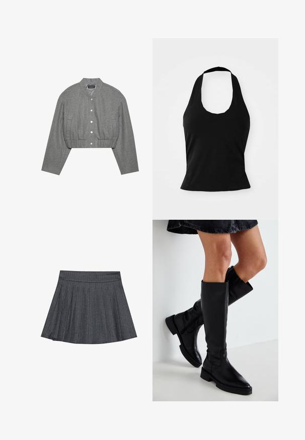 Veste grise courte avec un col rond, un devant à boutons-pression et une taille élastiquée. Elle présente deux poches latérales et un tissu texturé.; Haut halter noir en tissu doux, avec un col rond et une silhouette ajustée, à la texture lisse et sans motifs visibles.; Jupe patineuse grise à rayures générales avec une taille ajustée, en forme évasée A et texture de tissu douce. Les lignes verticales renforcent l'intérêt visuel.; Bottes noires en cuir montantes avec un bout pointu, une semelle plate et des coutures minimales. Texture lisse et design simple sans ornement.