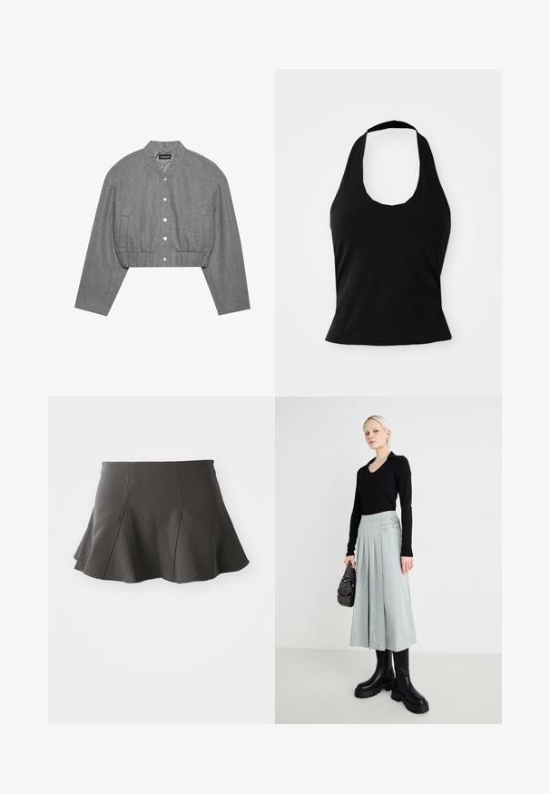 Veste grise courte avec un col rond, un devant à boutons-pression et une taille élastiquée. Elle présente deux poches latérales et un tissu texturé.; Haut halter noir en tissu doux, avec un col rond et une silhouette ajustée, à la texture lisse et sans motifs visibles.; Jupe noire évasée avec une taille ajustée, présentant des coutures verticales et une texture lisse. L'ourlet est légèrement incurvé et se situe au-dessus de mi-cuisse.; Haut noir à manches longues, jupe plissée gris clair avec détails à double boucle, et bottes noires à semelle épaisse ; sac à main argenté avec embellissements.