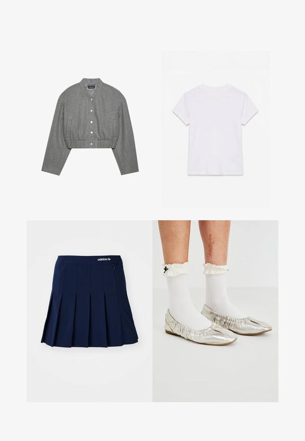 Beskaaret grå jakke med rund krave, trykknaplukning foran og elastisk talje. Har to sidelommer og et tekstureret stof.; Hvid kortærmet t-shirt i bomuld med rund hals, lagt fladt på en hvid baggrund.; Marineblå plisseret nederdel lavet af letvægtsstof; har en elastisk talje og en lille lynlås-lomme, med et hvidt Adidas-logo på forsiden.; Metallic sølv balletflade med samlet kant, parret med hvid ribbet sokker med en rynket manchet og sort sløjfe-accent.