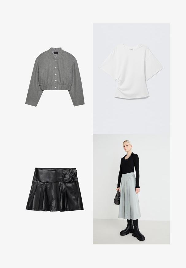 Gekropt grijze jasje met een ronde kraag, drukknopen aan de voorkant en een elastische taille. Beschikt over twee zijzakken en een gestructureerde stof.; Witte oversized T-shirt met korte mouwen en ronde hals, licht gerimpelde voorkant, getoond tegen een effen lichtgrijze achtergrond.; Zwart leren rok met plooien, brede tailleband en twee gespaccents aan de zijkant. Glad textuur met een glanzende afwerking.; Zwarte lange mouw top, lichtgrijze plissérok met dubbele gespsdetails, en zwarte schoenen met een dikke zool; zilveren handtas met versieringen.