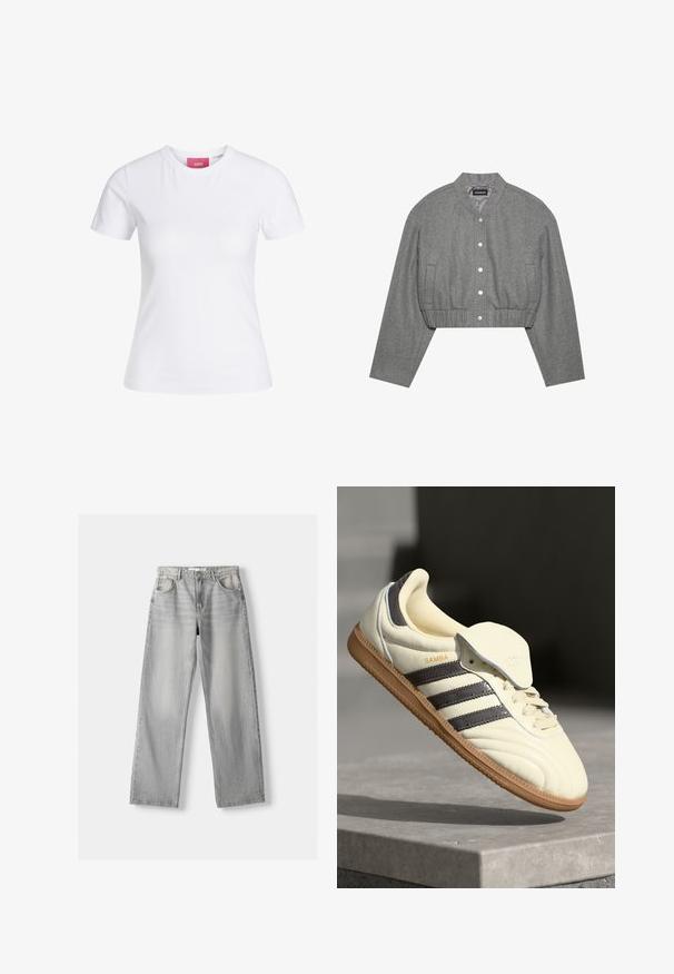 Beskaaret grå jakke med rund krave, trykknaplukning foran og elastisk talje. Har to sidelommer og et tekstureret stof.; Hvid slimfit t-shirt med korte ærmer og rund halsudskæring med en lyserød JJXX-label indeni kraven, vist mod en ensfarvet baggrund.; Lys grå denim jeans med lige pasform, der har to frontlommer, en knappelukning og diskrete slidser for tekstur.; Cremefarvede lædersneakers med tre mørke striber, en brun gummisål og en afrundet tå. Har en foldbar tunge mærket "SAMBA."
