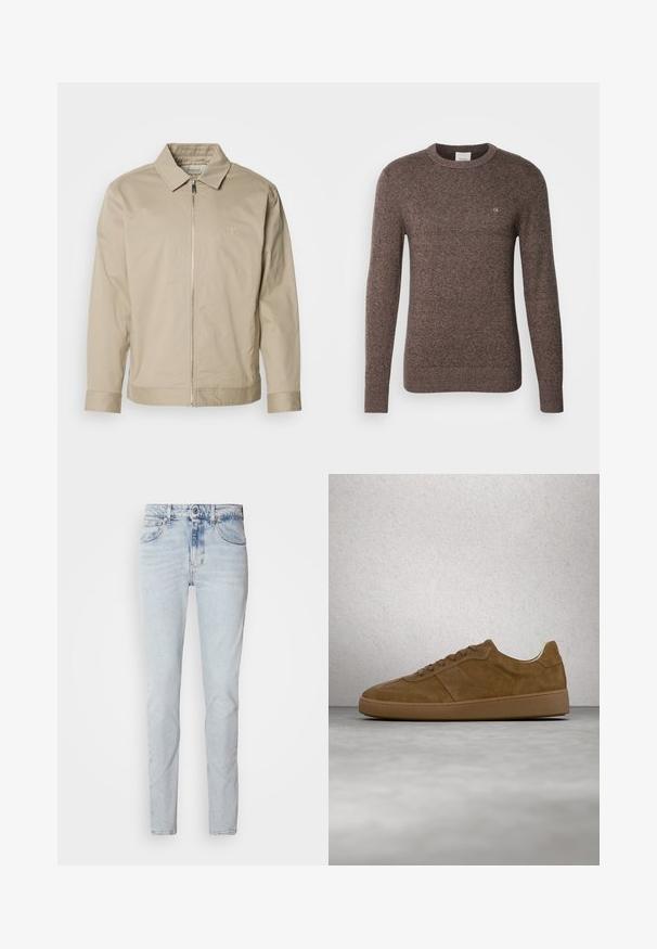 Chaqueta ligera beige con cuello solapa, cremallera frontal y logo bordado en el lado izquierdo del pecho. Textura suave con un corte ajustado.; Suéter marrón de cuello redondo hecho de un material de punto suave, con mangas largas y un pequeño logo en el pecho. Textura uniforme en toda la prenda.; Jeans de mezclilla azul claro con un corte recto, diseño de cinco bolsillos y un acabado ligeramente desgastado. Presenta un cierre de botón y pasadores para cinturón.; Zapatilla deportiva de ante marrón con cordones color beige y suela de goma. Presenta una puntera redondeada y detalles cosidos en la parte superior. Diseño ligero.