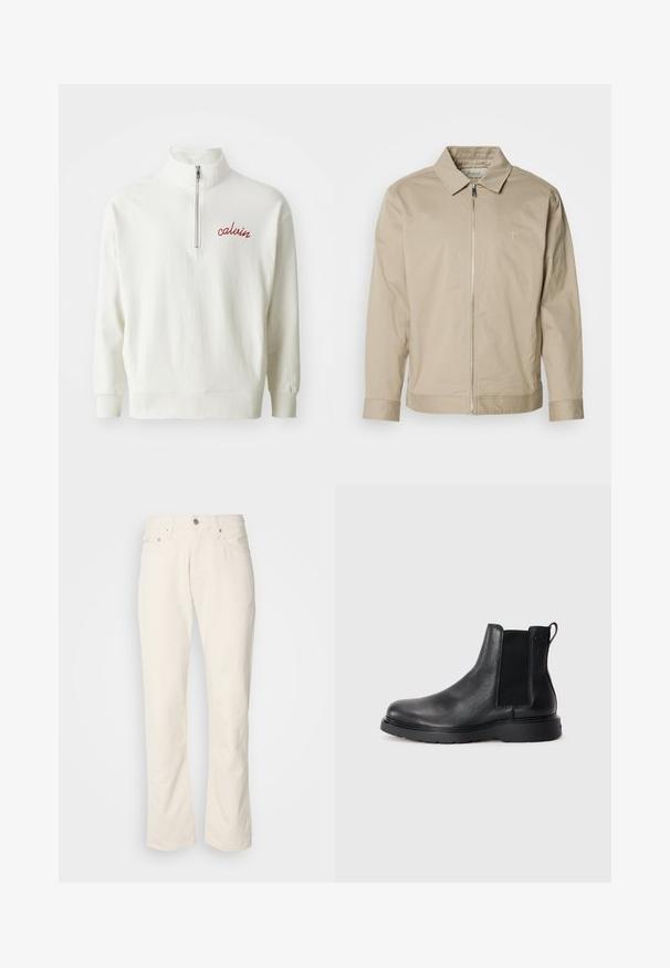 Veste légère beige avec un col, fermeture éclair à l'avant et logo brodé sur la poitrine gauche. Texture lisse avec une coupe ajustée.; Sweatshirt léger crème avec un col montant, fermeture à demi-zip et logo "calvin" brodé en rouge sur la poitrine. Texture douce, coupe décontractée.; Jeans en coton beige avec un design classique à jambe droite, comportant une fermeture à bouton à l'avant, cinq poches et des détails de couture subtils.; Bottes Chelsea en cuir noir avec une finition texturée, des panneaux latéraux élastiques et une semelle en caoutchouc robuste. Branding subtil sur le talon.