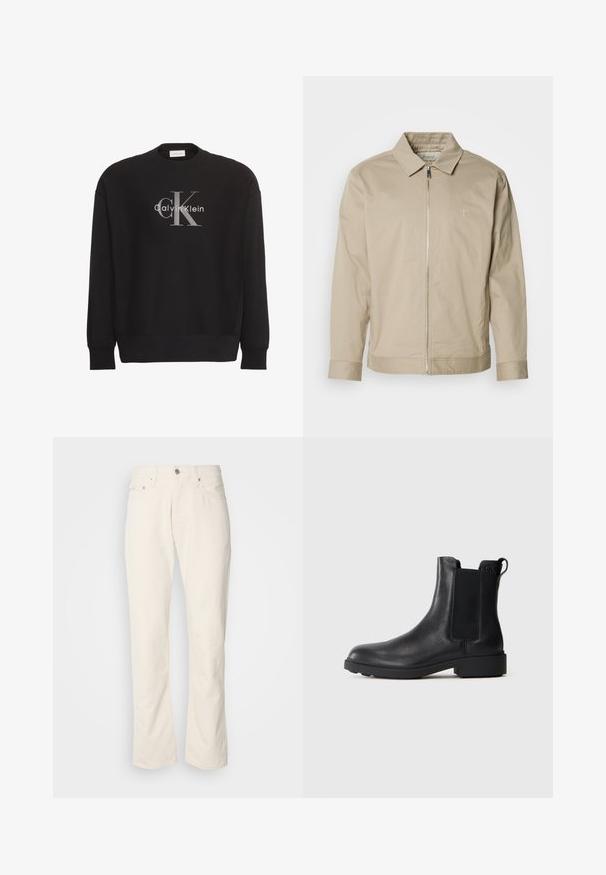 Beige leichte Jacke mit Kragen, Frontreißverschluss und gesticktem Logo auf der linken Brust. Glatte Textur mit taillierter Passform.; Schwarzer Langarm-Sweatshirt mit großem grauem "cK"-Textlogo und weißem "Calvin Klein"-Textlogo, mittig vorne platziert.; Beige Baumwolljeans mit klassischem geradem Bein, ausgestattet mit einem Frontknopfverschluss, fünf Taschen und dezenten Nähdetails.; Schwarze Leder-Stiefelette mit elastischen Seiteneinsätzen, Zugschlaufe an der Ferse und niedrigem Blockabsatz vor einem schlichten Hintergrund.