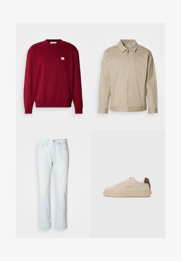 Beige leichte Jacke mit Kragen, Frontreißverschluss und gesticktem Logo auf der linken Brust. Glatte Textur mit taillierter Passform.; Roter Pullover aus weichem Stoff, mit Rundhalsausschnitt, langen Ärmeln und einem kleinen gestickten Logo auf der oberen linken Brust.; Hellblaue Jeans mit geradem Bein. Verfügt über einen Knopfverschluss und Gürtelschlaufen, präsentiert eine ausgebleichte Textur und minimale Nähte.; Beige Wildleder-Sneaker mit runder Spitze, Schnürung vorne und einem braunen Wildlederakzent an der Ferse. Verfügt über eine strukturierte Gummisohle.