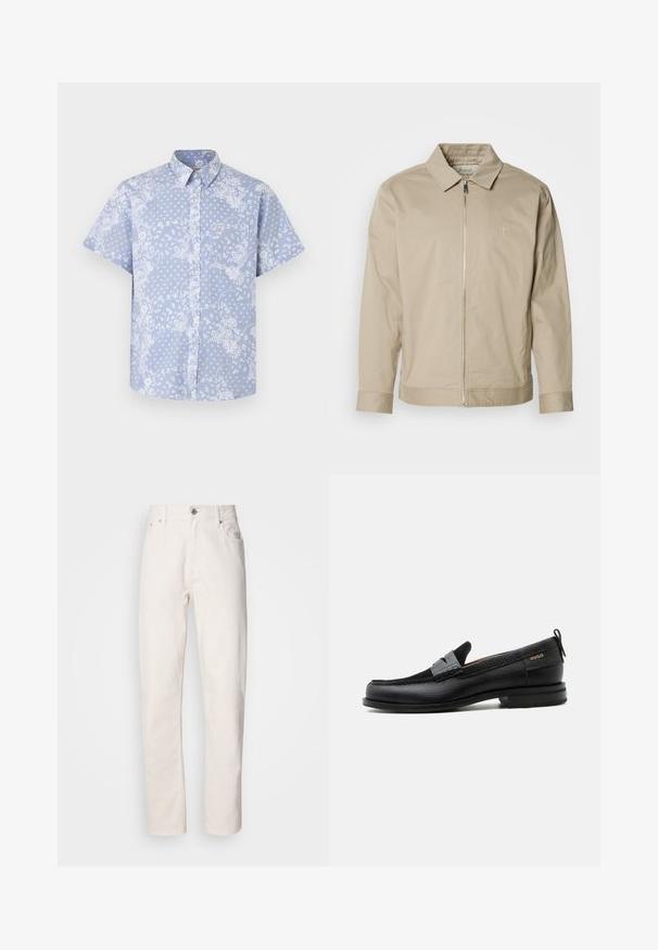 Beige lichtgewicht jas met een kraag, rits aan de voorkant en geborduurd logo op de linkerkant van de borst. Glad textuur met een getailleerde pasvorm.; Korte mouw button-up shirt van lichtblauwe stof, met een witte bloemenpatroon en een borstzak met een logo label.; Spijkerbroek van wit denim met rechte pijpen, knoop- en ritsluiting, riemlussen en voor- en achterzakken, weergegeven op een effen achtergrond.; Zwarte leren loafer met grijs riemdetailelement, lage hak en gestructureerde zool, aan de zijkant gebrandmerkt met "HUGO" in goud.
